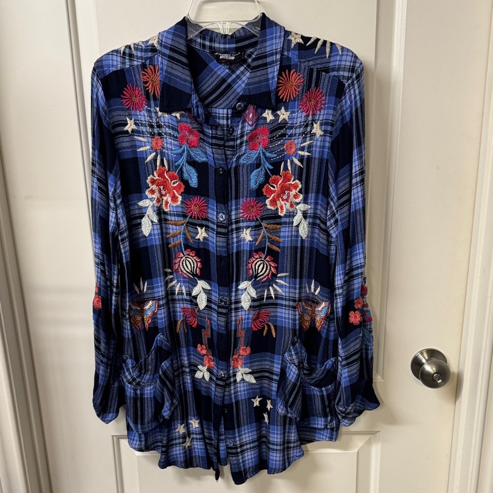 Johnny Was Blue Plaid Blouse with Floral Embroidery